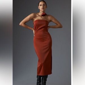 By Anthropologie Strapless Cowl-Back Midi Dress Red Satin
